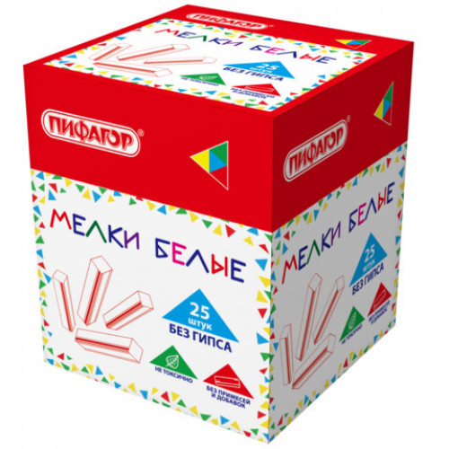 Мел белый БЕЗ ПРИМЕСЕЙ квадратный 25 штук, мягкое письмо, ПИФАГОР, картонная упаковка, х, 274122