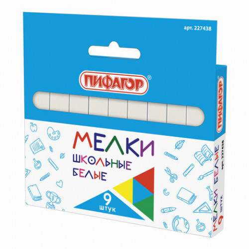 Мел белый ПИФАГОР, набор 9 шт., квадратный, 227438