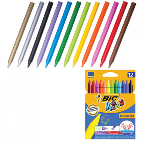 Мелки пластиковые BIC Plastidecor, 12 цветов, ультрапрочные, круглые, картонная упаковка, подвес, 945764