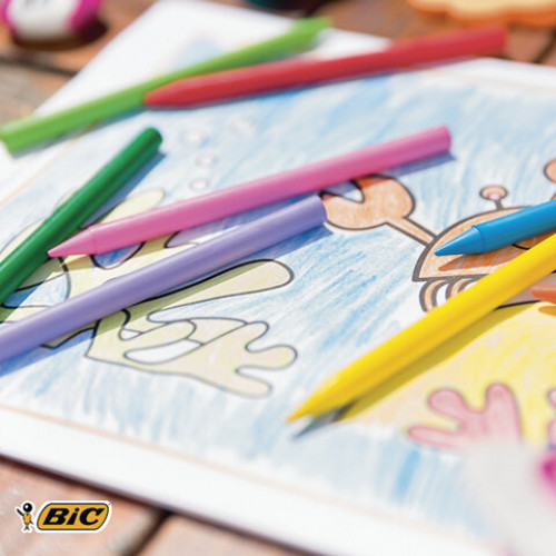 Мелки пластиковые BIC Plastidecor, 12 цветов, ультрапрочные, круглые, картонная упаковка, подвес, 945764