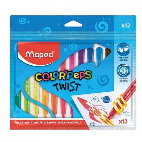 Восковые мелки MAPED (Франция) Color'peps Twist, 12 цветов, выкручивающиеся в пластиковом корпусе, 860612