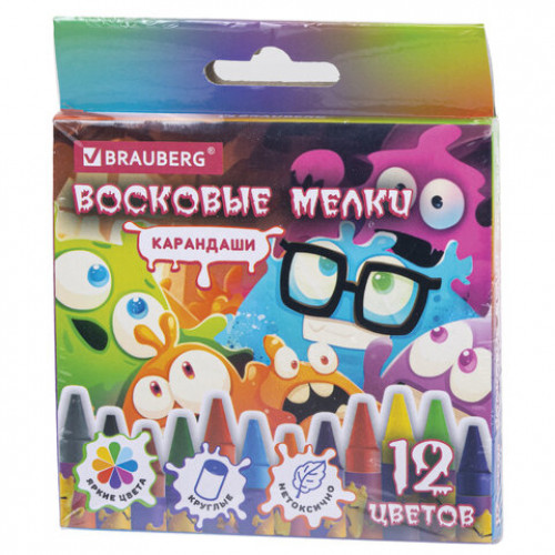 Восковые мелки BRAUBERG МОНСТРИКИ, 12 цветов, 273238