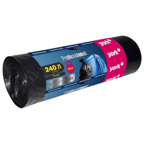 Мешки строительные для мусора 240л, СУПЕРПЛОТНЫЕ, черные, в рулоне 10шт, ПВД, 45мкм, YORK, 090920