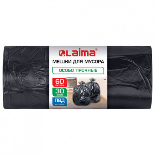 Мешки для мусора 60л черные в рулоне 30 штук особо прочные, ПВД 30 мкм, 58x68см, LAIMA, 702658