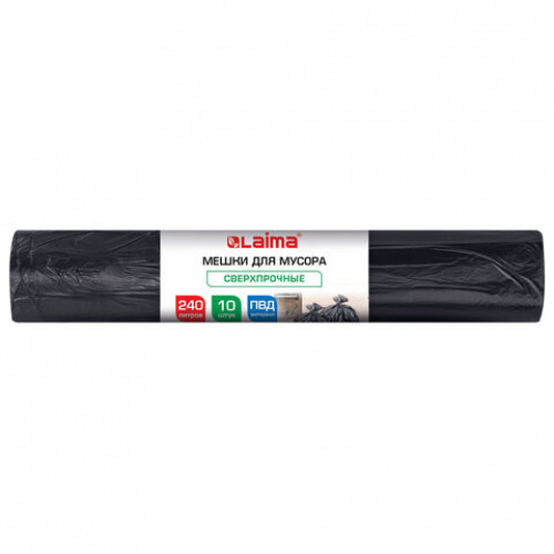 Мешки для мусора 240л черные в рулоне 10 штук сверхпрочные, ПВД 100 мкм, 90x135см, LAIMA, 702684