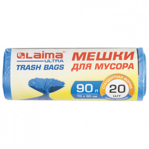 Мешки для мусора LAIMA ULTRA 90 л синие 20 шт. прочные, ПНД 14 мкм, 70х90 см, 607693