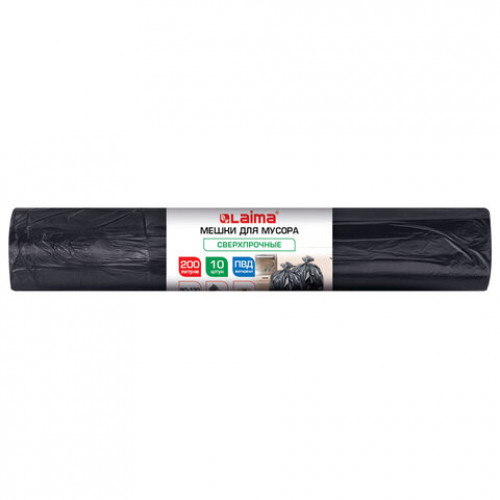Мешки для мусора 200л черные в рулоне 10 штук сверхпрочные, ПВД 80 мкм, 90x130см, LAIMA, 702677
