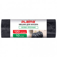 Мешки для мусора с завязками 120л черные в рулоне 10шт особо прочные ПВД 65мкм 70x95см, LAIMA, 702669