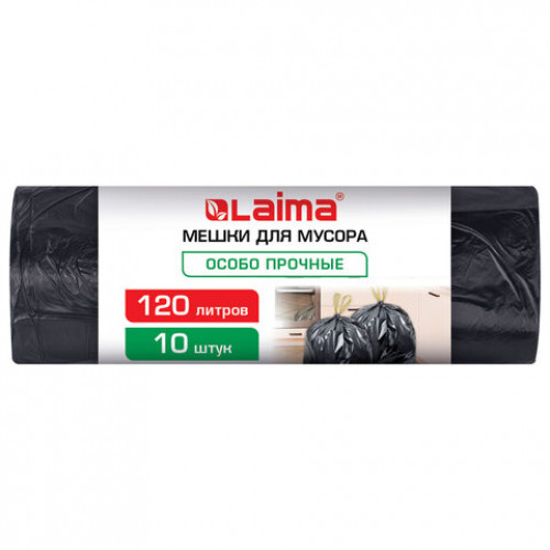 Мешки для мусора с завязками 120л черные в рулоне 10шт особо прочные ПВД 65мкм 70x95см, LAIMA, 702669