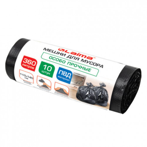 Мешки для мусора 360л черные в пласте 10 штук особо прочные, ПВД 60 мкм, 110x140см, LAIMA, 702687