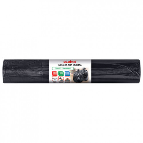 Мешки для мусора 160 л, черные, в рулоне 10 штук, особо прочные, ПВД 70 мкм, 90x110 см, LAIMA, 702675