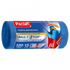 Мешки для мусора 120 л, с ушками, синие, в рулоне 15 шт., ПВД, 24 мкм, 70х110 см, PACLAN Multitop, 402045