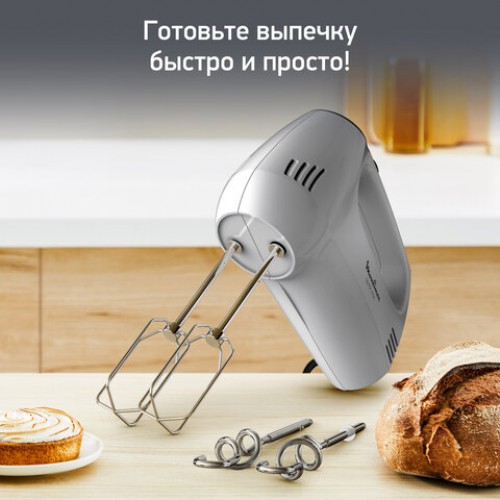 Миксер MOULINEX HM310E10, 300Вт, 5 скоростей, 2 венчика, 2 крюка для теста, серый, 8010001084