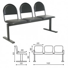 Кресло для посетителей трехсекционное Тройка, 835х1420х520 мм, черный каркас, черный кожзам, СМ 91-03 К01
