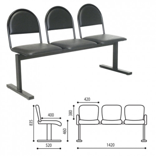 Кресло для посетителей трехсекционное Тройка, 835х1420х520 мм, черный каркас, черный кожзам, СМ 91-03 К01