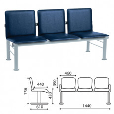 Кресло для посетителей трехсекционное Терра, серебристый каркас, кожзам синий