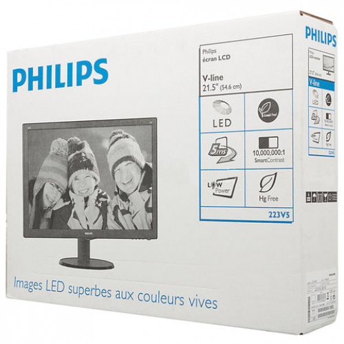 Монитор PHILIPS 223V5LSB (00/01), 21,5 (55 см), 1920x1080, 16:9, TN+film, 5 мс, 250 cd, VGA, DVI, черный