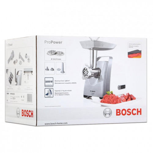 Мясорубка BOSCH MFW45020, мощность 1600 Вт, производительность 2,7 кг/мин, металлический шнек, реверс, пластик, белая/серая