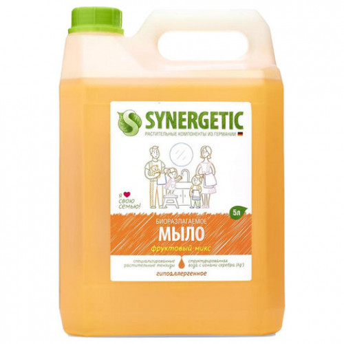 Мыло жидкое 5 л SYNERGETIC Фруктовый микс, гипоаллергенное, биоразлагаемое, 105502