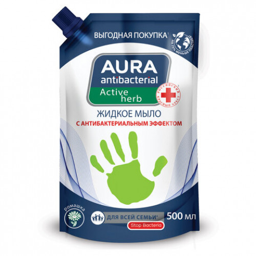 Мыло жидкое антибактериальное для всей семьи 500 мл, AURA АНТИБАКТЕРИАЛЬНАЯ Ромашка, дой-пак, 10510
