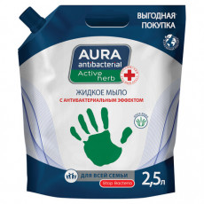Мыло жидкое антибактериальное для всей семьи 2,5 л, AURA ANTIBACTERIAL Алоэ вера, дой-пак, 13767