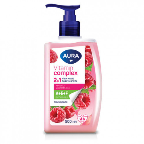 Мыло жидкое 2в1 для рук и тела 500 мл AURA Vitamin Complex Малина и витамины, 13356