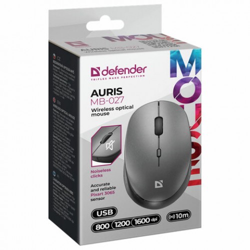 Мышь беспроводная DEFENDER Auris MB-027, USB, 3 кнопки+1 колесо-кнопка, оптическая, с, 52029