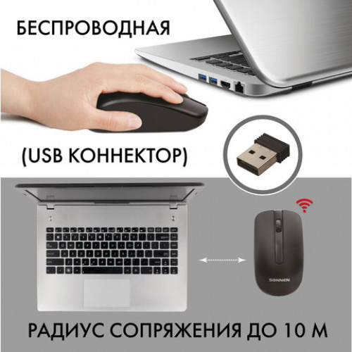 Мышь беспроводная SONNEN M-3032, USB, 1200 dpi, 2 кнопки + 1 колесо-кнопка, оптическая, черная, 512640