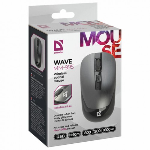 Мышь беспроводная DEFENDER Wave MM-995, USB, 3 кнопки+1 колесо-кнопка, оптическая, се, 52993