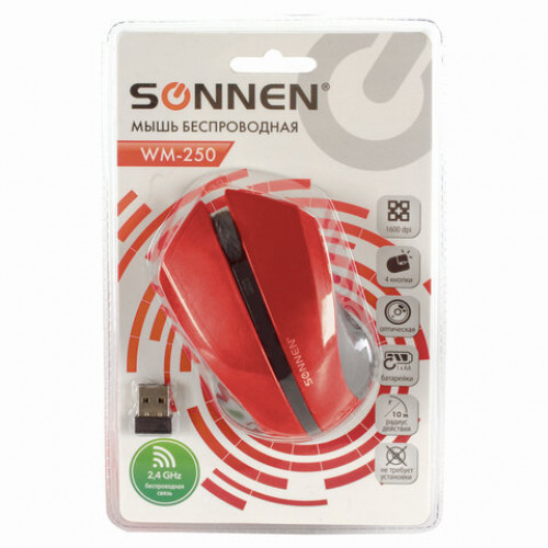 Мышь беспроводная SONNEN WM-250R, USB, 1600 dpi, 3 кнопки + 1 колесо-кнопка, оптическая, красная, 512643