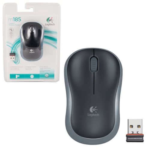 Мышь беспроводная LOGITECH M185, 2 кнопки + 1 колесо-кнопка, оптическая, черно-серая, 910-002238