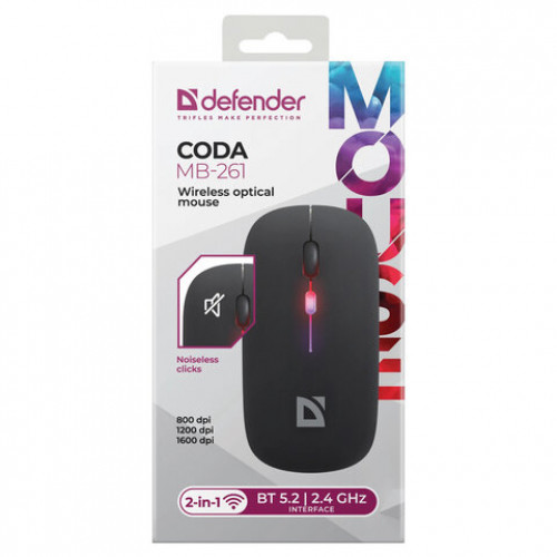 Мышь беспроводная DEFENDER Coda MB-261, 2.4ГГц+BT, радужная, 3кнопки+1колесо, 300мАч, черная, 52261