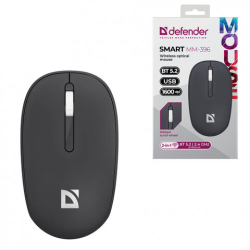 Мышь беспроводная DEFENDER Smart MM-396, 1600 dpi, 2 кнопки + 1 колесо-кнопка, оптическая, черная, 52396