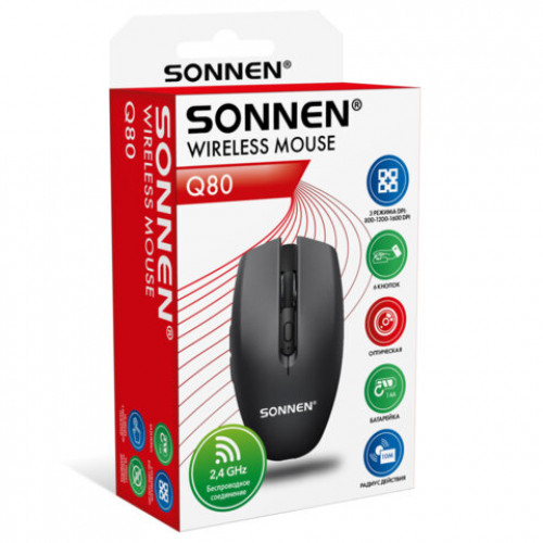 Мышь беспроводная USB, 800/1200/1600 dpi, 5 кнопок + колесо-кнопка, оптическая, SONNEN Q80, черная, 513945