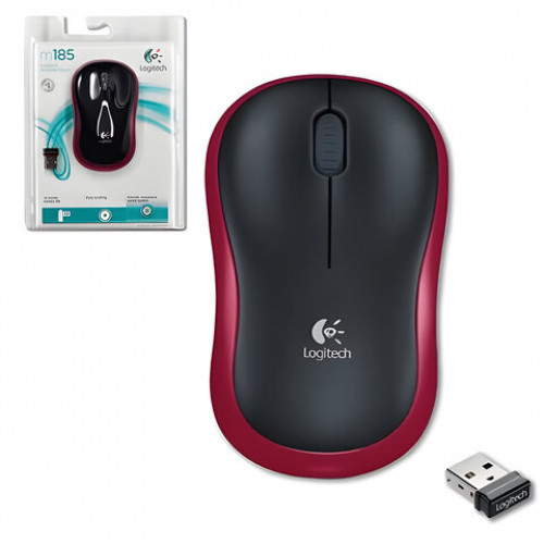 Мышь беспроводная LOGITECH M185, 2 кнопки + 1 колесо-кнопка, оптическая, черно-красная, 910-002240