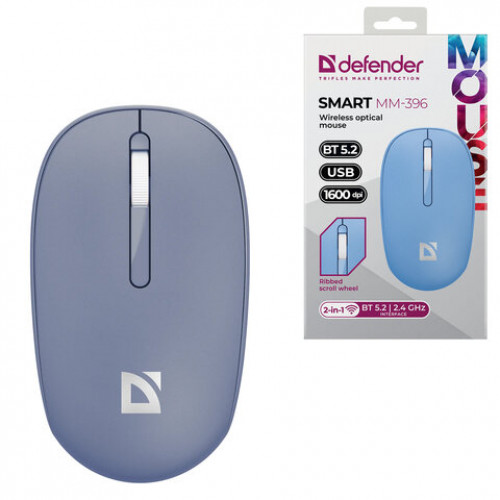 Мышь беспроводная DEFENDER Smart MM-396, 1600 dpi, 2 кнопки + 1 колесо-кнопка, оптическая, синяя, 52397