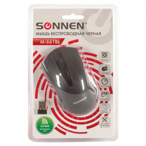 Мышь беспроводная SONNEN M-661Bk, USB, 1000 dpi, 2 кнопки + 1 колесо-кнопка, оптическая, черная, 512647