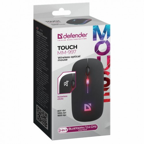 Мышь беспроводная DEFENDER TOUCH MM-997, USB, 3 кнопки+1 колесо-кнопка, оптическая, ч, 52997