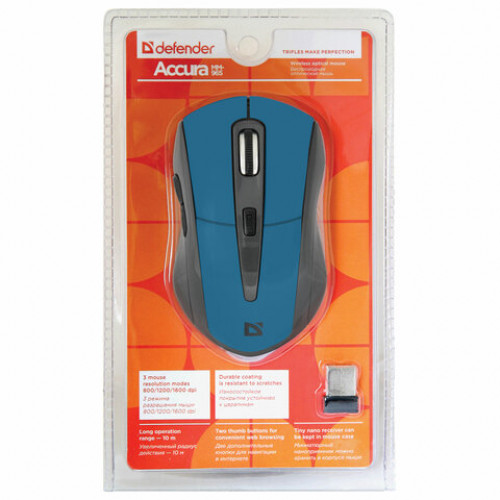 Мышь беспроводная DEFENDER Accura MM-965, USB, 5 кнопок + 1 колесо-кнопка, оптическая, голубая, 52967