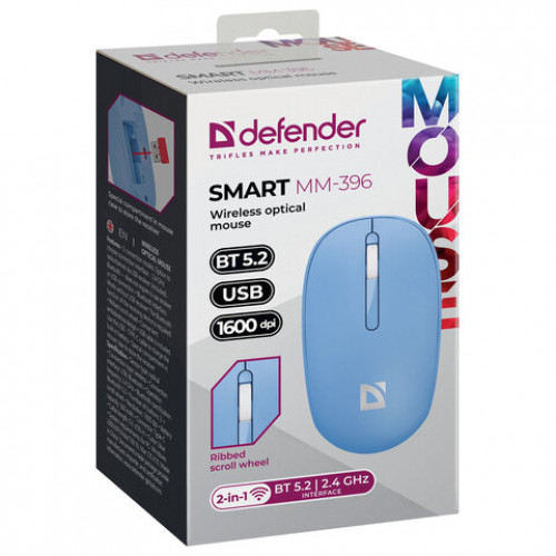 Мышь беспроводная DEFENDER Smart MM-396, 1600 dpi, 2 кнопки + 1 колесо-кнопка, оптическая, синяя, 52397