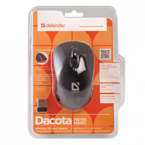Мышь беспроводная DEFENDER Dacota MS-155, 2 кнопки + 1 колесо-кнопка, лазерная, черно-красная, 52155