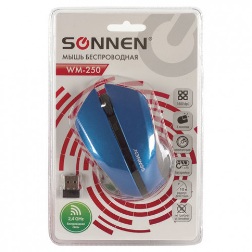 Мышь беспроводная SONNEN WM-250Bl, USB, 1600 dpi, 3 кнопки + 1 колесо-кнопка, оптическая, синяя, 512644