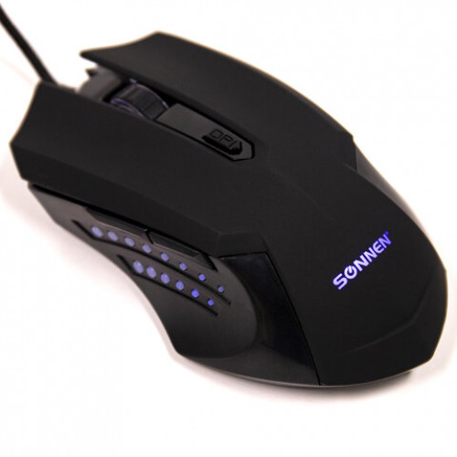 Мышь проводная игровая SONNEN I3, пластик, 6 кнопок, 800-2400 dpi, LED-подсветка, черная, 513523