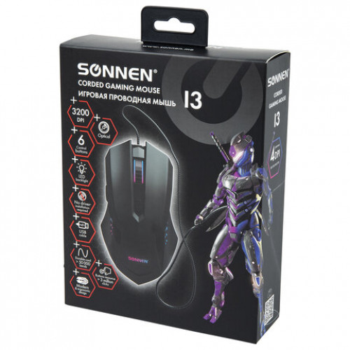 Мышь проводная игровая SONNEN I3, пластик, 6 кнопок, 800-2400 dpi, LED-подсветка, черная, 513523