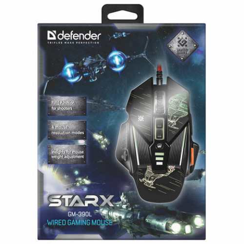 Мышь проводная игровая DEFENDER sTarx GM-390L, USB, 7 кнопок+1 колесо-кнопка, оптическая, черная, 52390