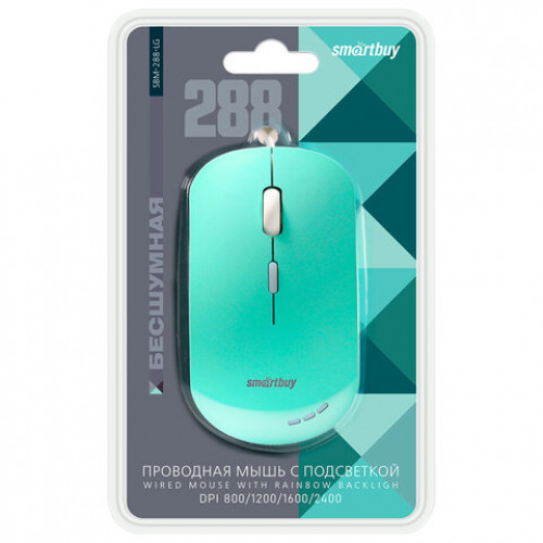 Мышь проводная бесшумная SMARTBUY 288-K, USB, 3 кнопки+1 колесо, оптическая, зеленая 06826, SBM-288-LG