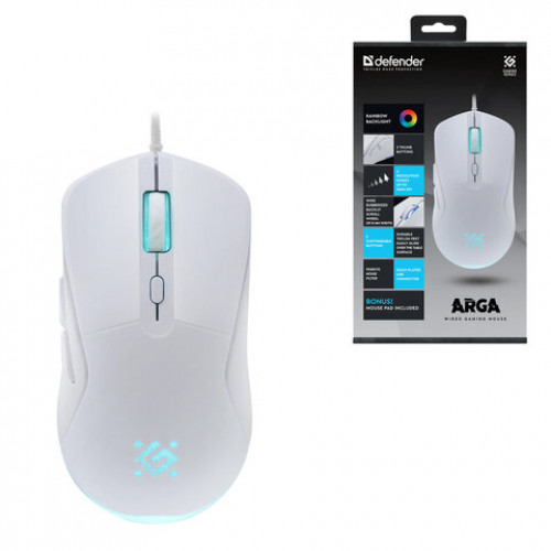 Мышь проводная DEFENDER Arga GM-049, 1200/1800/2400/3600 dpi, 5 кнопок + 1 колесо-кнопка, белый, 52048