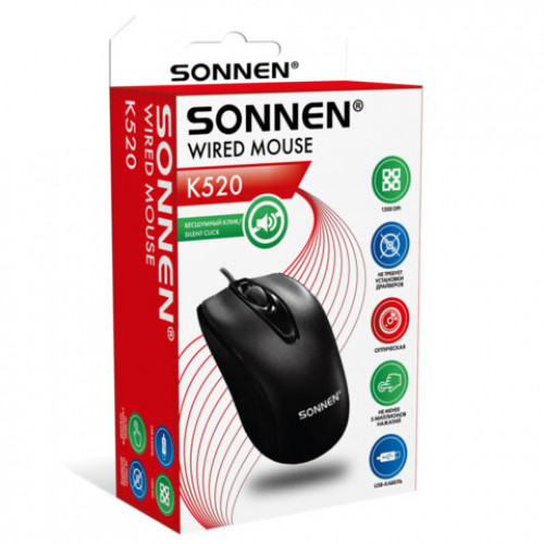 Мышь проводная БЕСШУМНАЯ USB, 1200 dpi, 2 кнопки + колесо-кнопка, SONNEN K520, черная, 513944
