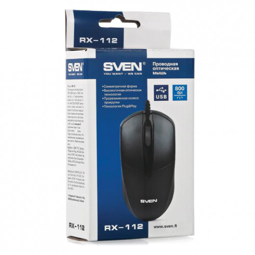 Мышь проводная SVEN RX-112, USB, 2 кнопки+1 колесо-кнопка, оптическая, черная, SV-03200112UB