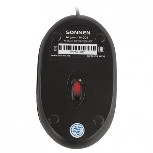 Мышь проводная SONNEN М-204, USB, 1000 dpi, 2 кнопки + колесо-кнопка, оптическая, подсветка, черная, 512632